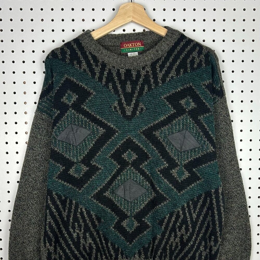 Oakton Knit Sweater Size Medium Aztec Western Green Brown Wool Blend Grandpa 90s